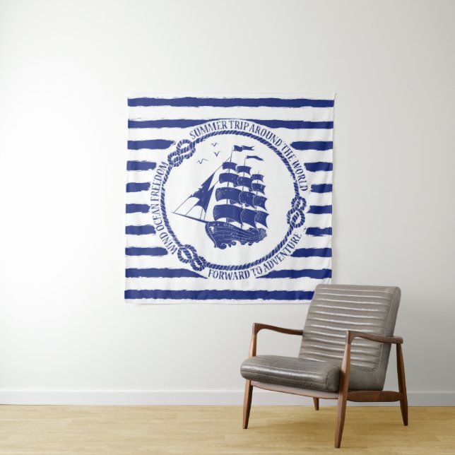 Nautical Emblem With Sailing Ship Tapestry (In Situ (Horizontal))