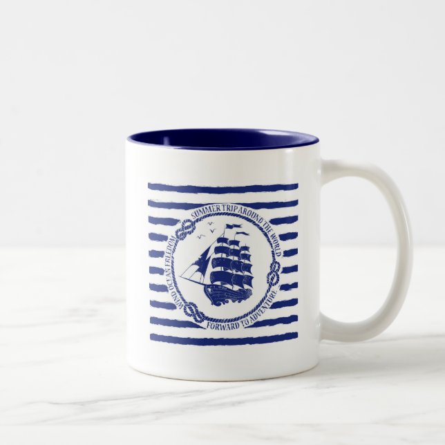 Nautical Emblem With Sailing Ship Two-Tone Coffee Mug (Right)