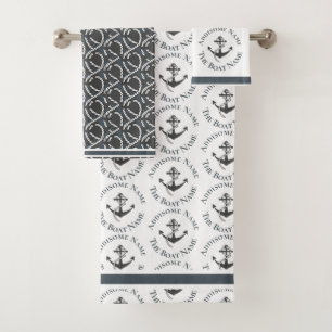 Nautical Family Boat Name Navy Anchor Black Grey Bath Towel Set