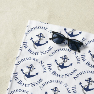 Nautical Family Boat Name Navy Anchor grey wood Beach Towel