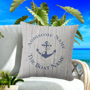 Nautical Family Boat Name Navy Anchor grey wood Outdoor Pillow