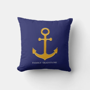 Nautical Family Gold Anchor on Blue Throw Pillow