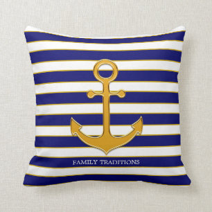 Nautical Family Gold Anchor on Navy Blue & White Throw Pillow
