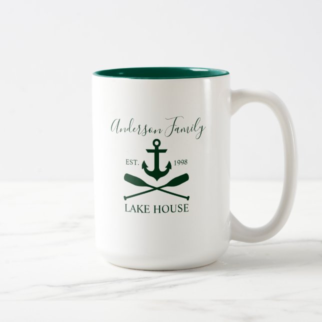 Nautical Family Lake House Green Anchor Oars Two-Tone Coffee Mug (Right)