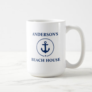 Nautical Family Name Beach House Blue Anchor Large Coffee Mug