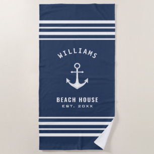 Nautical Family Name Beach House Navy Blue White Beach Towel