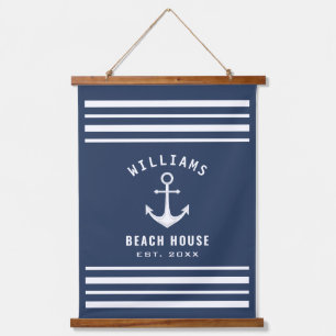 Nautical Family Name Beach House Navy Blue White Hanging Tapestry