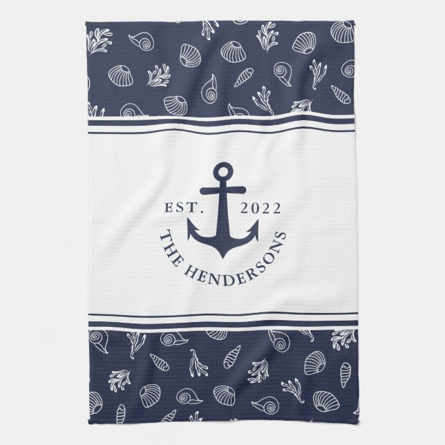 Nautical Family White Navy Blue Anchor Kitchen Towel (Vertical)