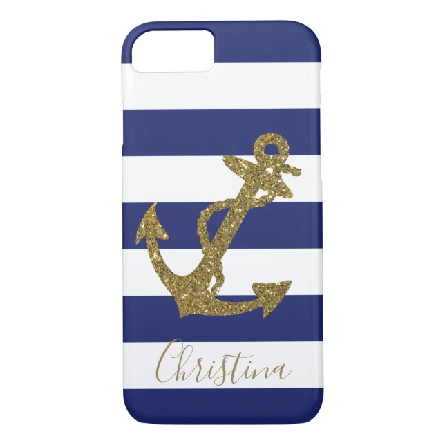 Nautical Faux Gold Glitter Anchor Blue Stripes Case-Mate iPhone Case (Back)