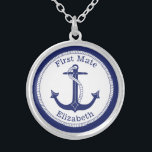 Nautical First Mate Blue Anchor Personalized Silver Plated Necklace<br><div class="desc">This nautical themed necklace features an anchor in the centre with a rope border and a navy blue edge.  The text "First Mate" is above and below is a name for you to personalize.</div>