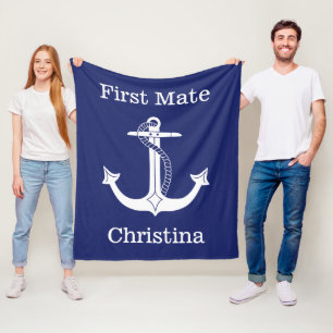 Nautical First Mate White Anchor Personalized Fleece Blanket