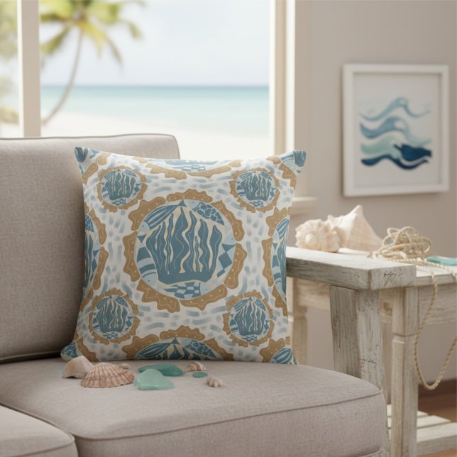 Nautical Fish Geometric Throw Pillow (Goes great both inside and outside. The fish and seaweed point to that beach home feel.)