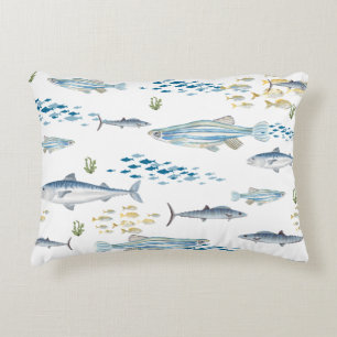 Nautical Fish Pattern Blue Coast Beachy Accent Pillow