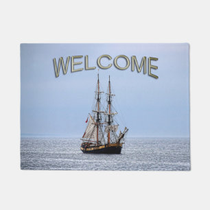 Nautical Fishing Boat Blue Skies Welcome Doormat