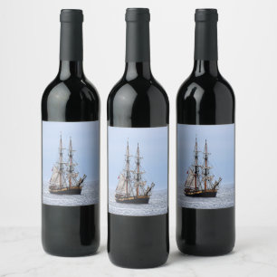 Nautical Fishing Boat Blue Skies Wine Label