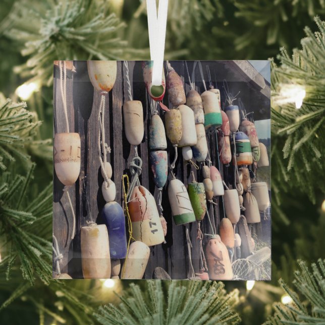 Nautical Fishing Buoys on Rustic Building Glass Ornament (Insitu)