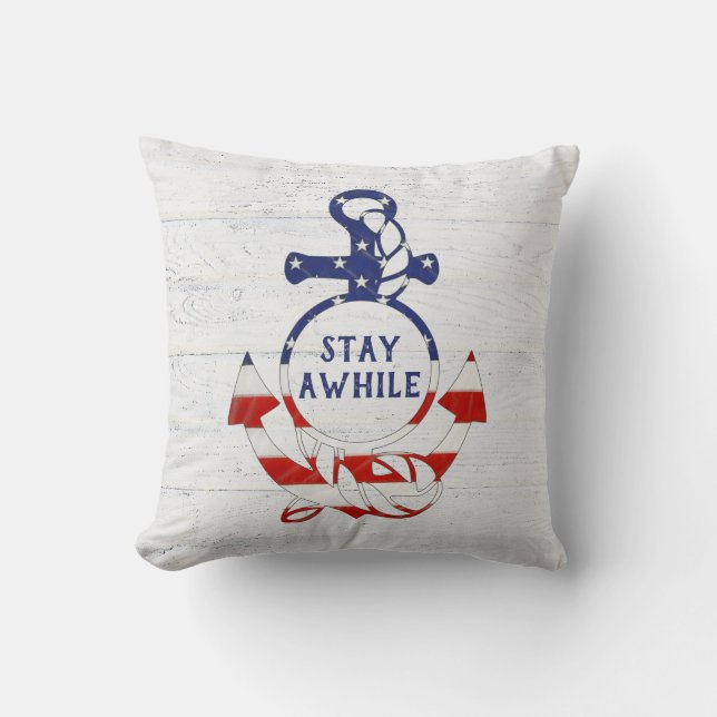Nautical Flag Anchor on Wood Throw Pillow (Front)