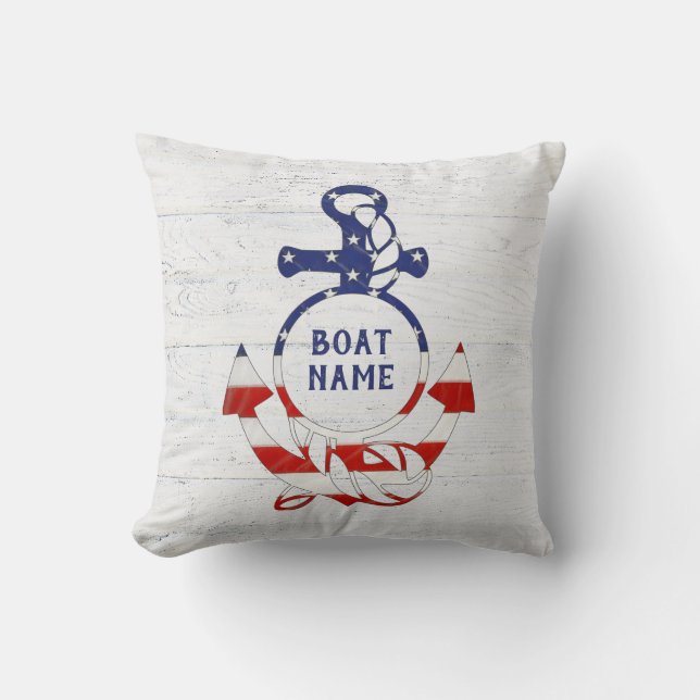 Nautical Flag Anchor on Wood Throw Pillow (Front)