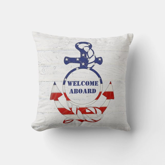 Nautical Flag Anchor on Wood Throw Pillow (Front)