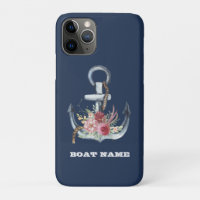Nautical Floral Anchor Boat Name Navy Blue