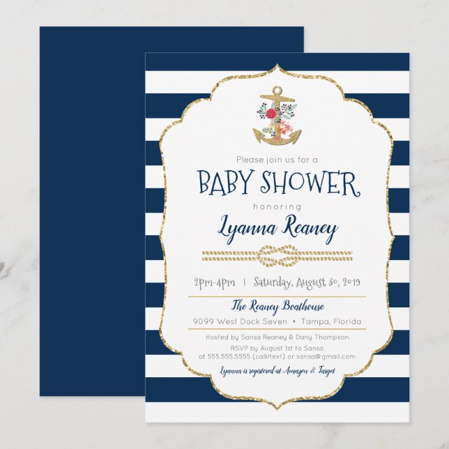 Nautical Floral Anchor Navy Blue Baby Shower Invitation (Front/Back)
