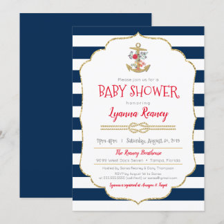 Nautical Floral Anchor Navy Blue Red Baby Shower Invitation