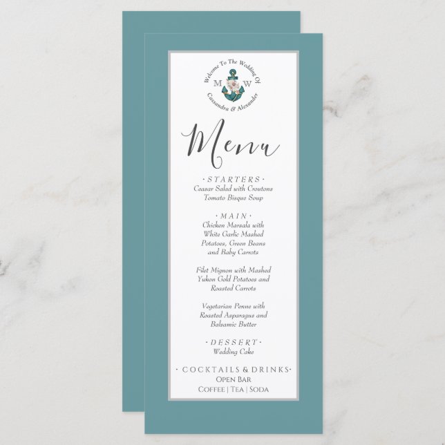 Nautical Floral Anchor  Powder Teal Aqua Blue Menu (Front/Back)