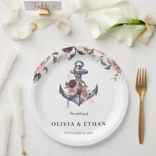 Nautical Floral Anchor Watercolor Wedding Paper Plate