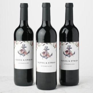Nautical Floral Anchor Watercolor Wedding Wine Label