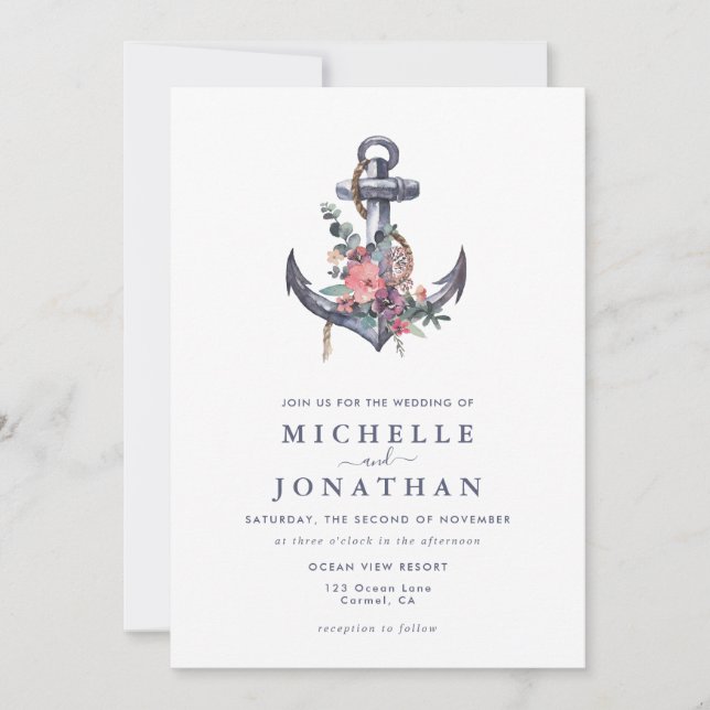 Nautical Floral Anchor Wedding  Invitation (Front)