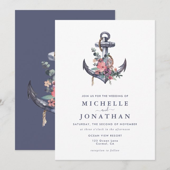 Nautical Floral Anchor Wedding  Invitation (Front/Back)