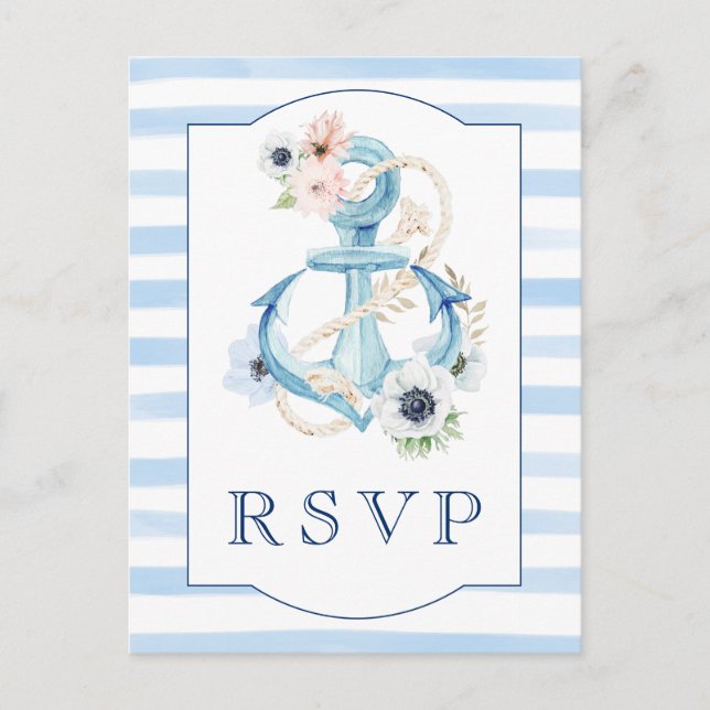 Nautical Floral Blue Stripes Beach Wedding RSVP Postcard (Front)