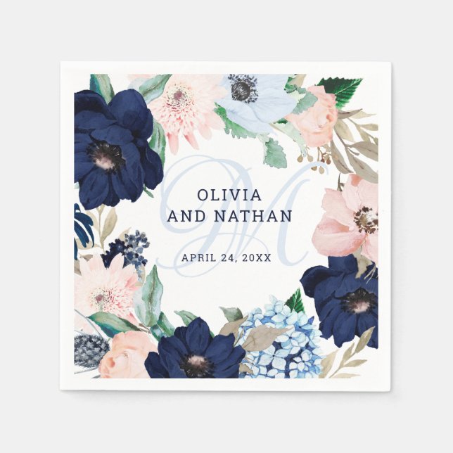 Nautical Floral | Monogram Wedding Napkin (Front)
