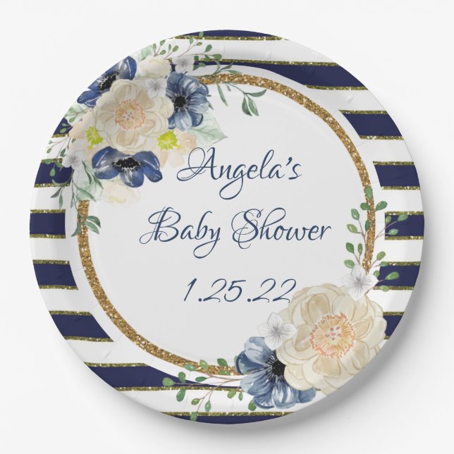 Nautical Floral Navy & Gold Personalized Shower Paper Plate (Front)