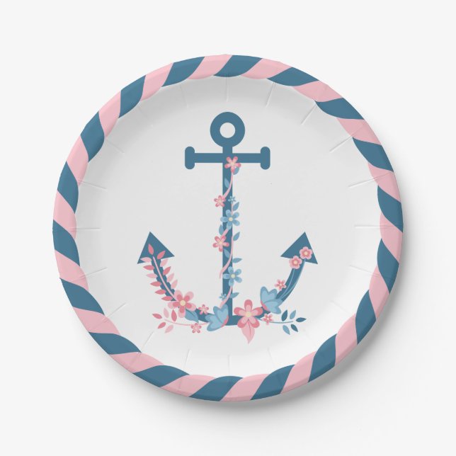 Nautical Floral Ship Anchor Pink Blue Flowers Rope Paper Plate (Front)