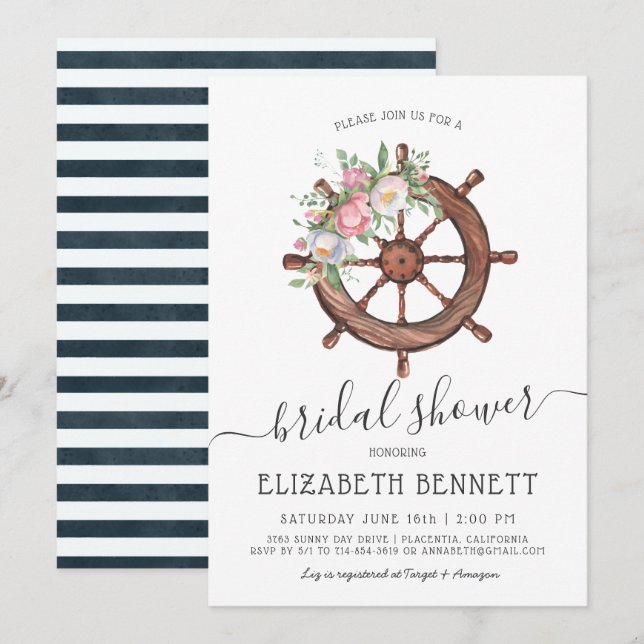 Nautical Floral Ship's Wheel | Bridal Shower Invitation (Front/Back)
