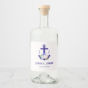 Nautical Floral Stripes Wedding Liquor Bottle Label