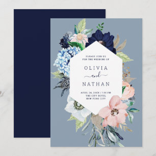 Nautical Flowers Navy Blue and Blush Pink Wedding Invitation