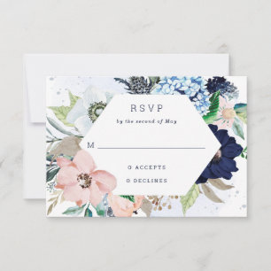 Nautical Flowers Navy Blue and Blush Pink Wedding RSVP Card