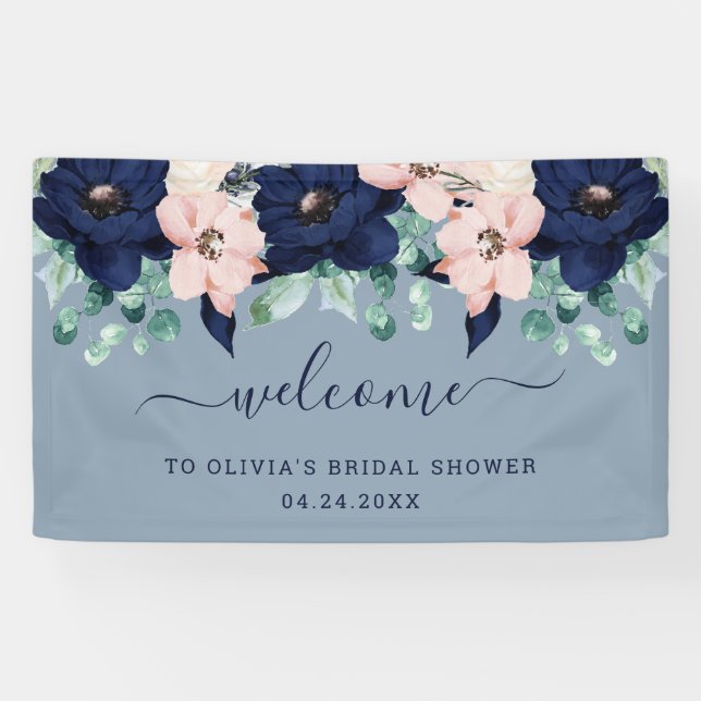 Nautical Flowers Navy Blue and Blush Pink Welcome Banner (Horizontal)