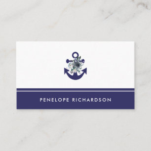 Nautical Flowers   Navy Blue Floral Anchor Business Card