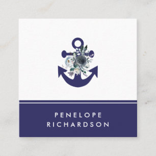 Nautical Flowers   Navy Blue Floral Anchor Square Business Card