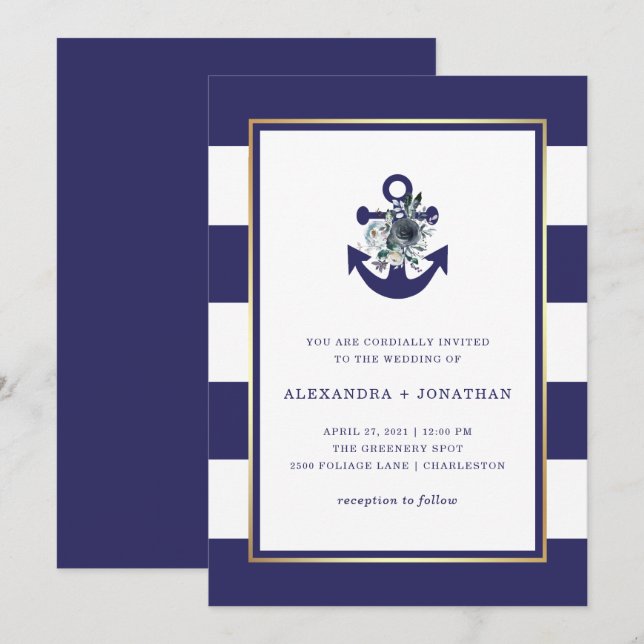 Nautical Flowers | Navy Blue Floral Stripe Wedding Invitation (Front/Back)