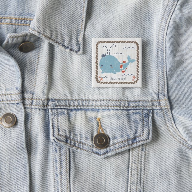 Nautical Friends - Whale 2 Inch Square Button (In Situ)
