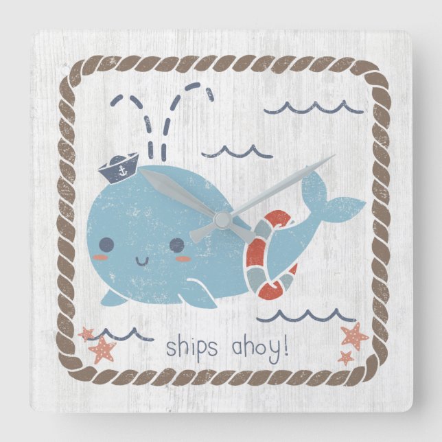Nautical Friends - Whale Square Wall Clock (Front)
