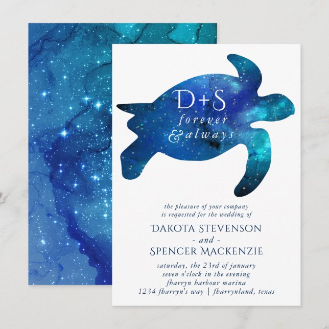Nautical Galaxy Sea Turtle | Monogram Wedding Invitation (Front/Back)