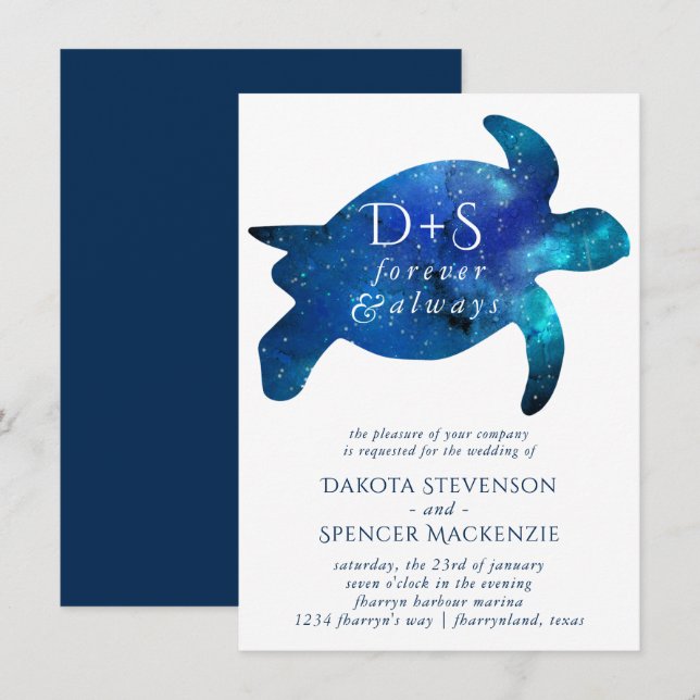 Nautical Galaxy Sea Turtle | Monogram Wedding Invitation (Front/Back)