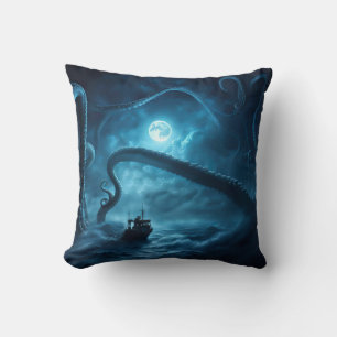 Nautical Giant Octopus and Boat Mysterious Throw Pillow