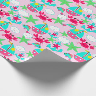 Nautical Gift Wrap Blue Pink Yellow Green Crabs