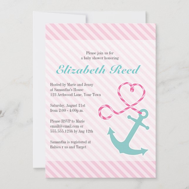 Nautical Girl Baby Shower Anchor w/ Heart Rope Invitation (Front)